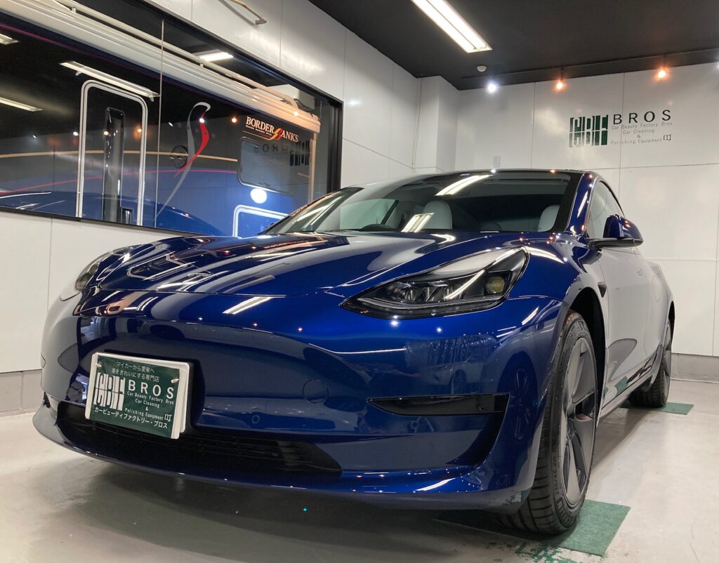 テスラ・モデル３のクラスM施工：施工完成写真：左フロントバンパーの写真